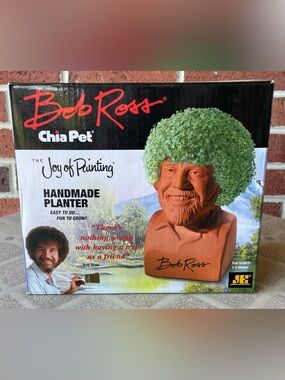 Bob Ross Chia Pet Handmade Planter - Green Top, Terracotta Bust